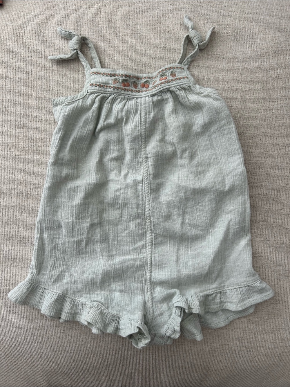 Light Sage Ruffle-Hem Girls' Romper with Embroidery